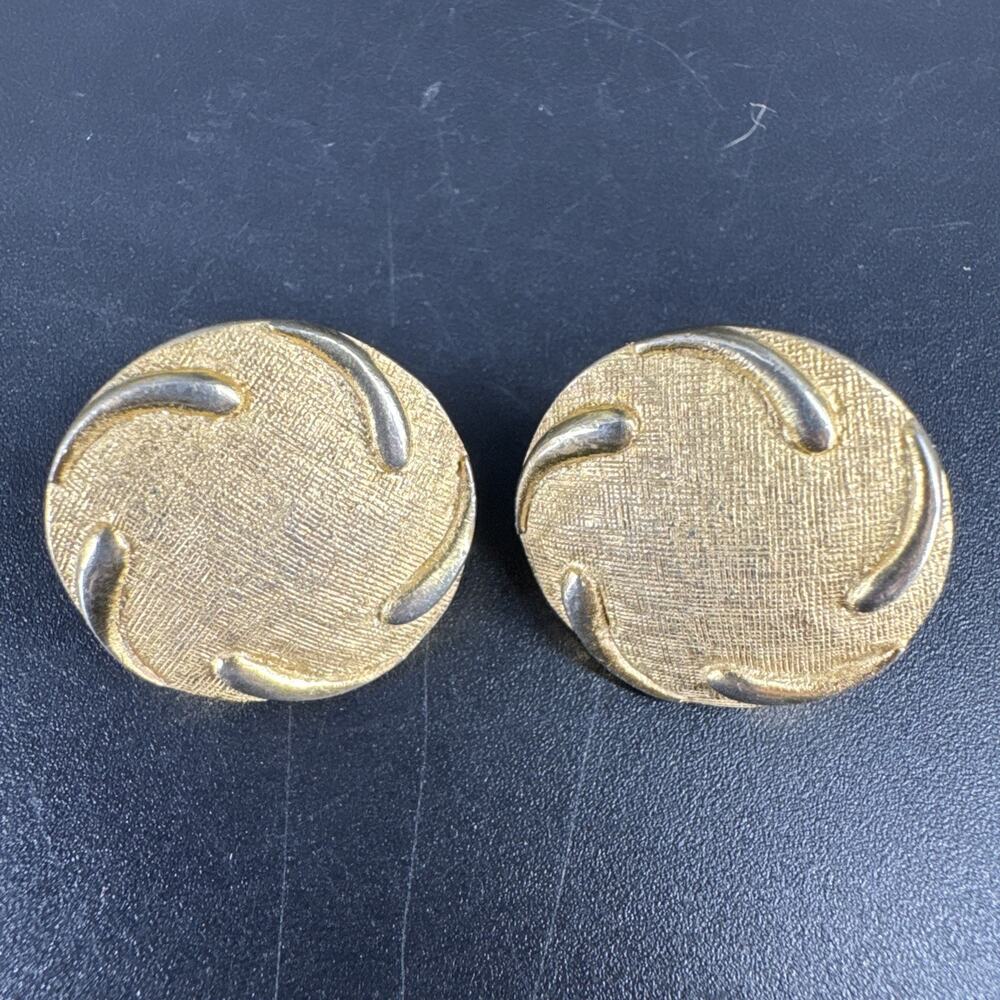 Vintage Crown Trifari Clip On Earrings Brushed Gold Tone Round